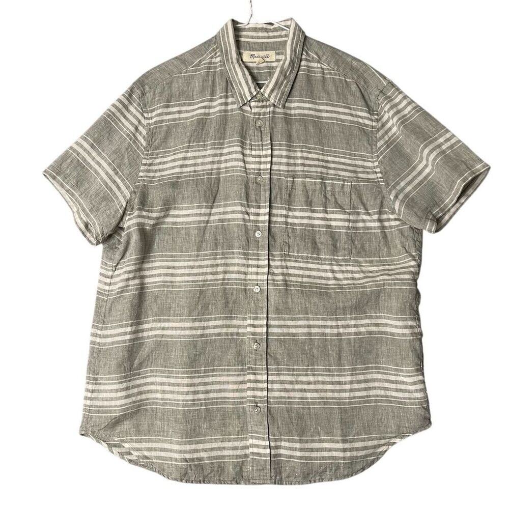 Madewell Men's Gray Green Striped Linen Button-Up Shirt Size L Short Sleeve A159